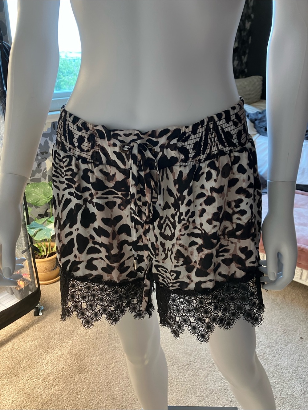 bebe Animal Print Shorts in Black and Taupe
